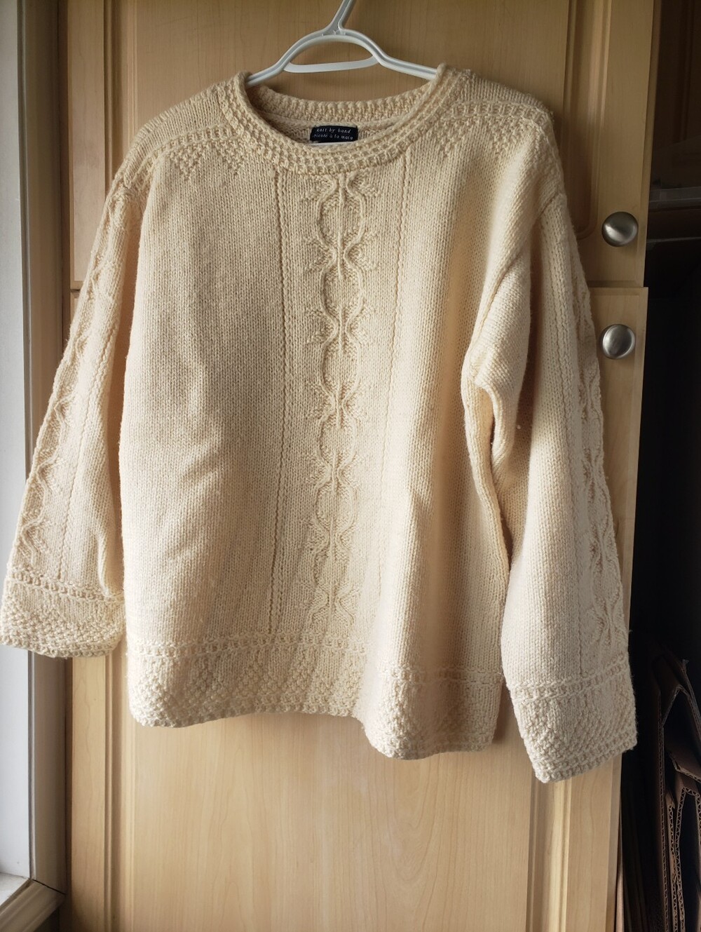 Vintage 80s GAP 100% Wool Hand Knit Cream Cable-Detail Crewneck Sweater